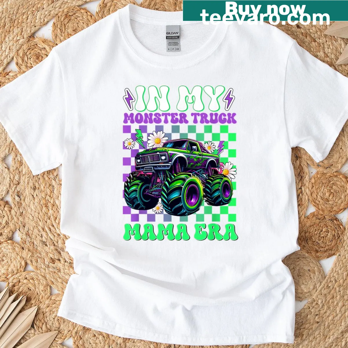 Playful monster truck graphic on a mom's T-shirt — on a men's t-shirt