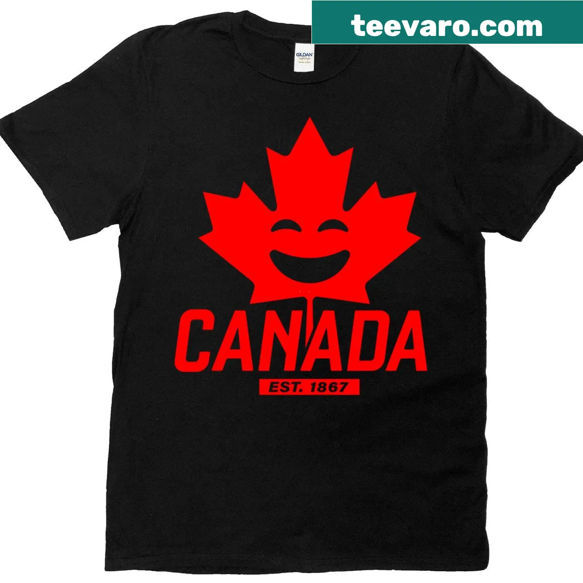 Cheerful T-shirt featuring Canada Day design with maple leaf. — on a men's t-shirt