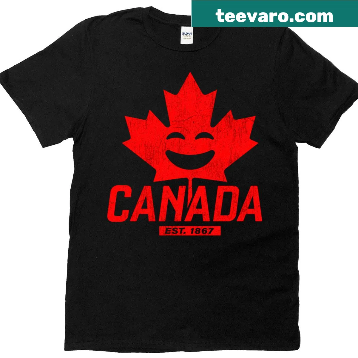 Vintage maple leaf design with 'Happy Canada Est 1867' text — on a men's t-shirt