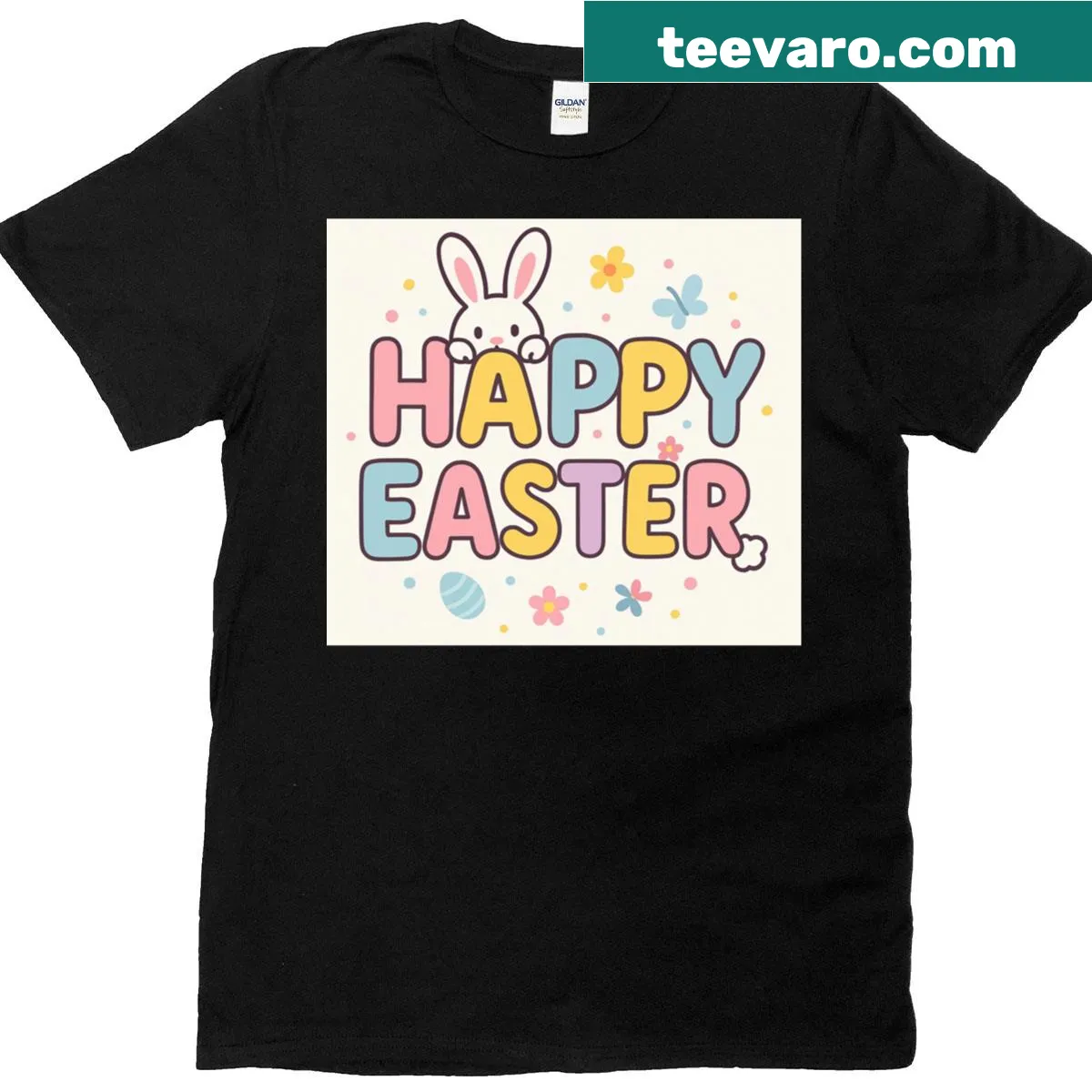 Cute Easter T-shirt with a bunny hiding and festive design — on a men's t-shirt