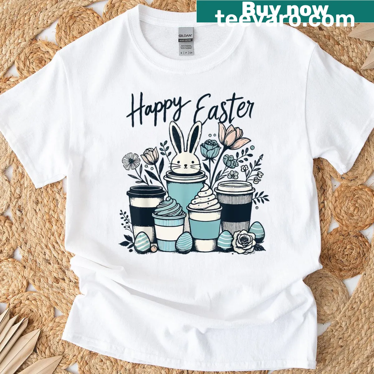 Easter bunny and coffee-themed graphic on T-shirt — on a men's t-shirt