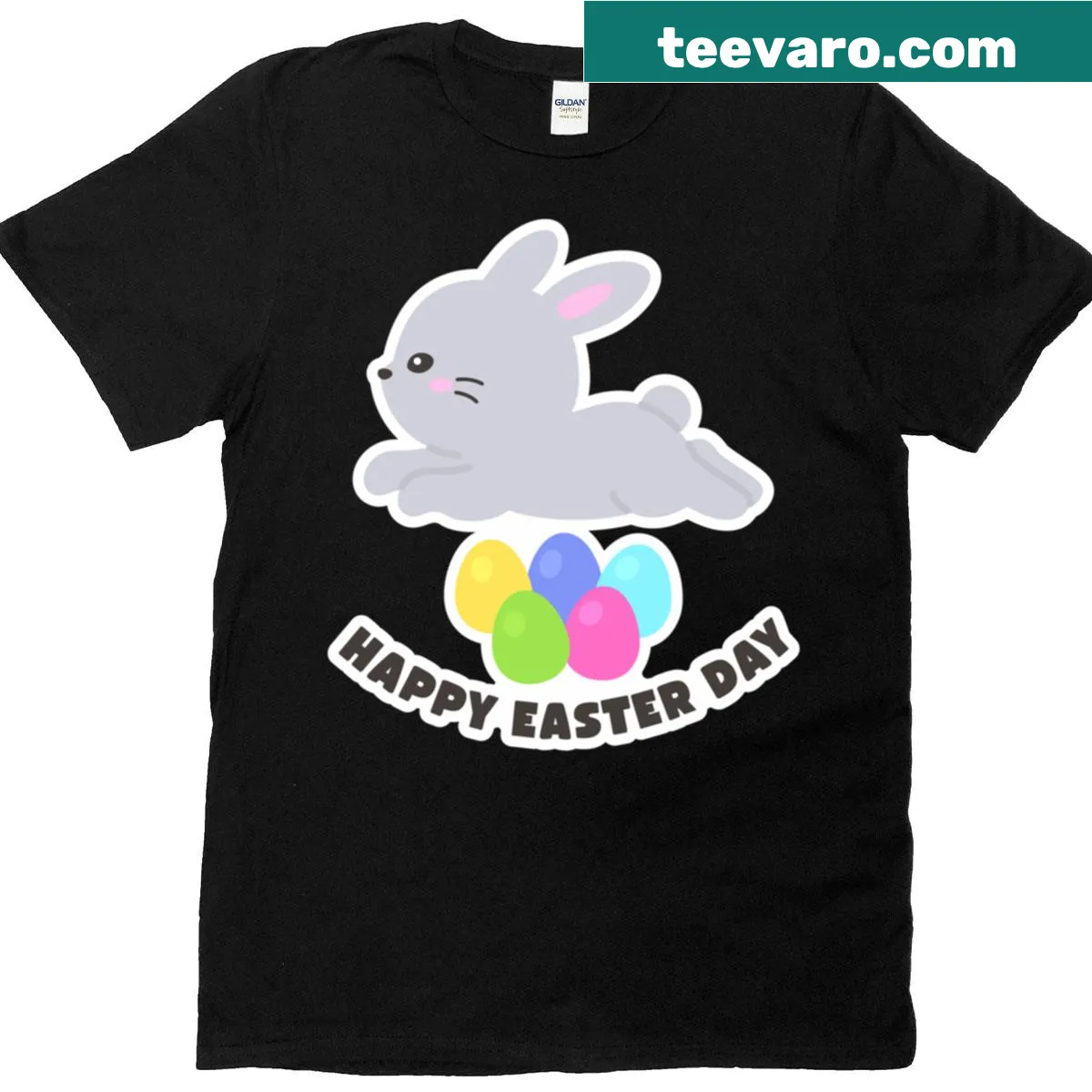 Playful Easter T-shirt with a leaping bunny and eggs — on a men's t-shirt