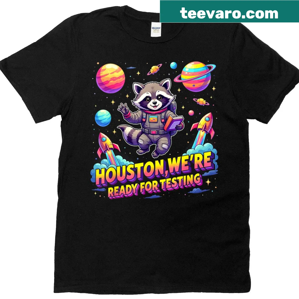 Raccoon astronaut illustration T-shirt for teachers — on a men's t-shirt