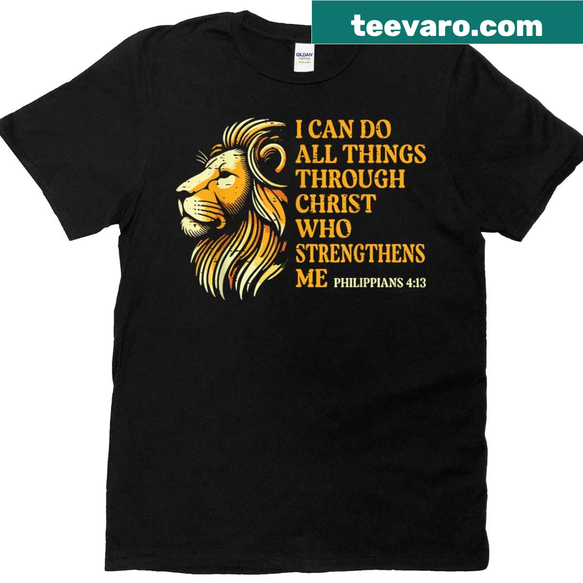 Inspirational lion graphic with faith message on T-shirt — on a men's t-shirt