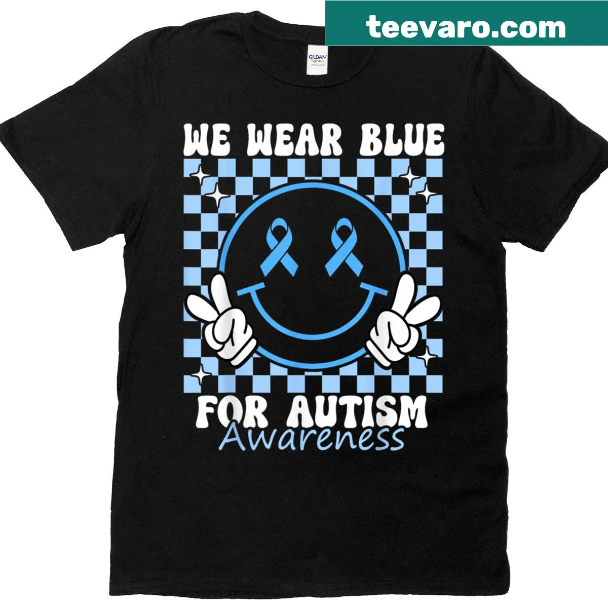T-shirt with blue text promoting Autism Awareness Month — on a men's t-shirt