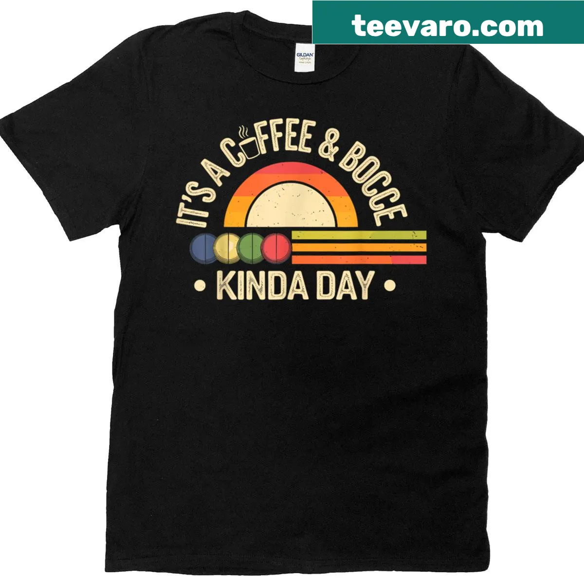 T-shirt with coffee and bocce ball theme — on a men's t-shirt