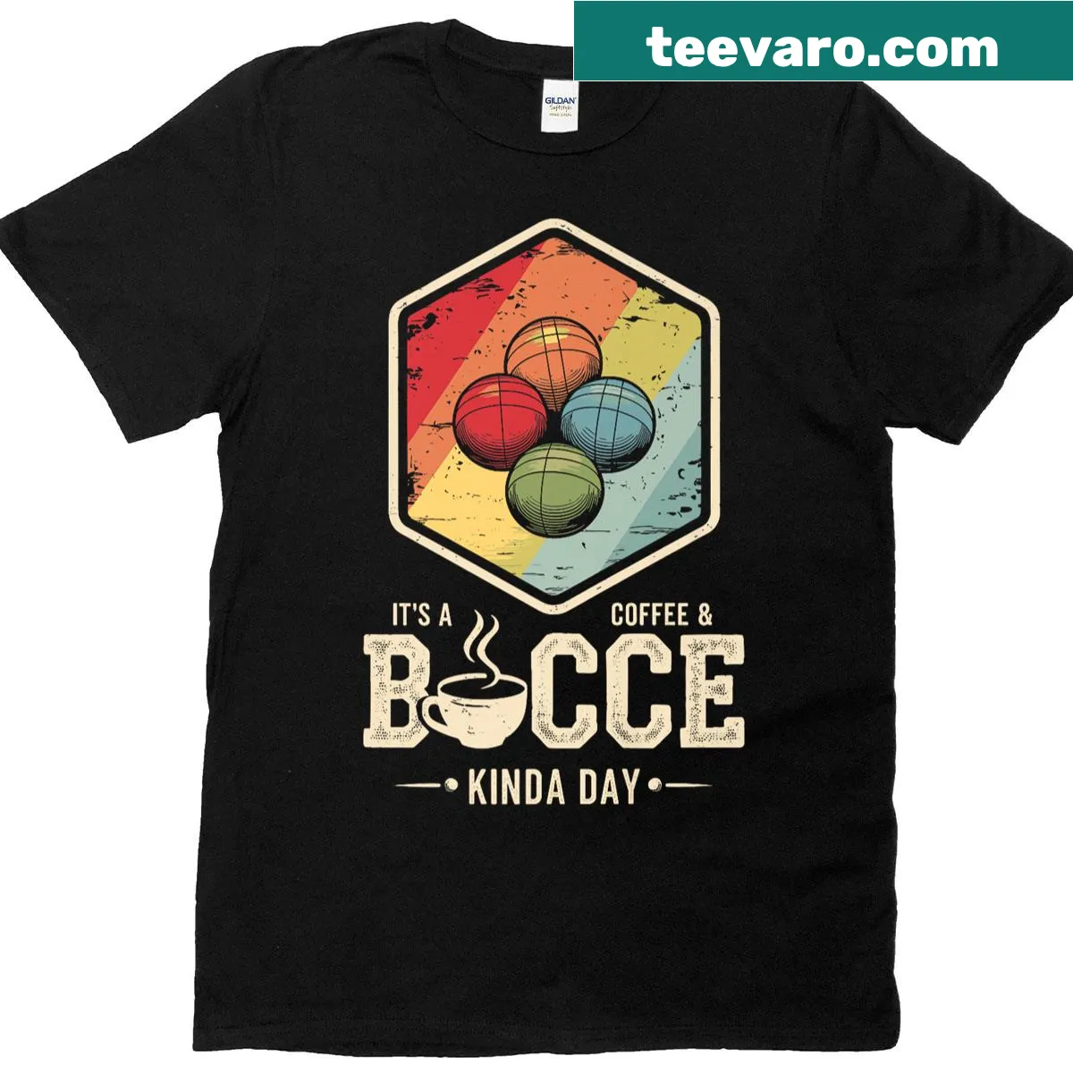 Funny bocce ball T-shirt with coffee theme — on a men's t-shirt