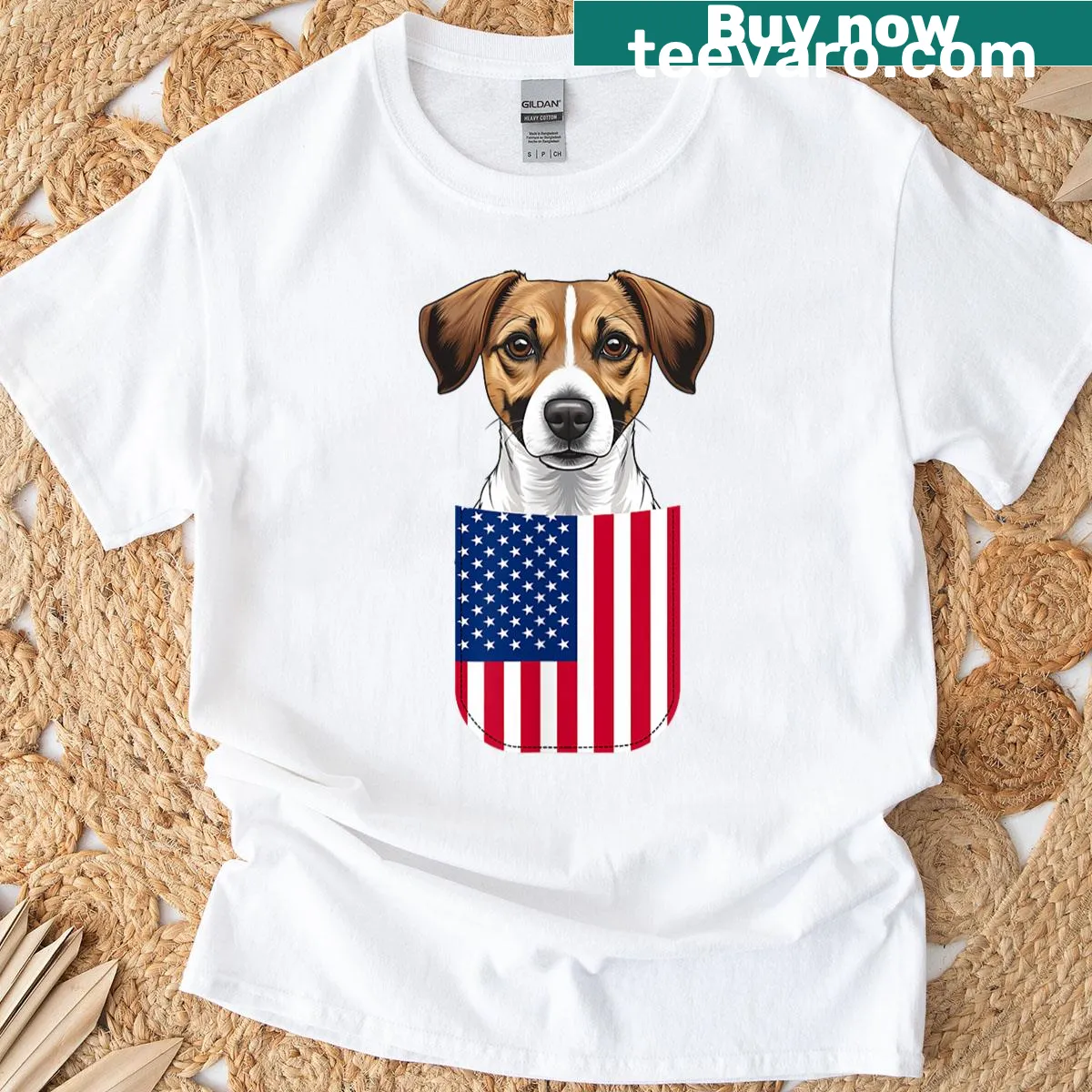 Patriotic T-shirt featuring a Jack Russell dog with the American flag — on a men's t-shirt