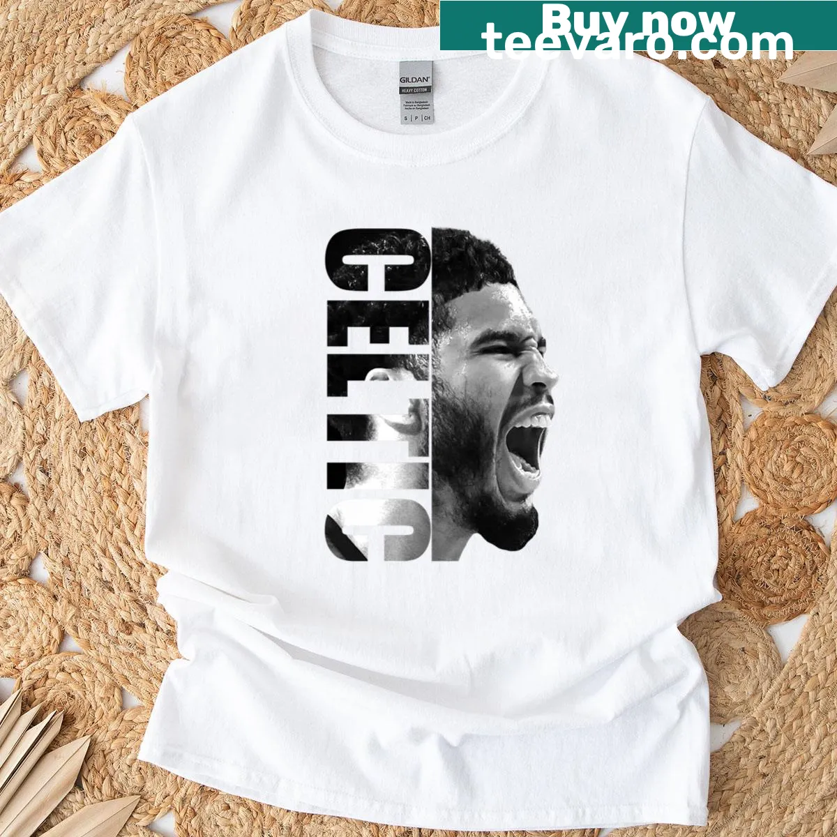 Black and white T-shirt featuring Jayson Tatum's name — on a men's t-shirt