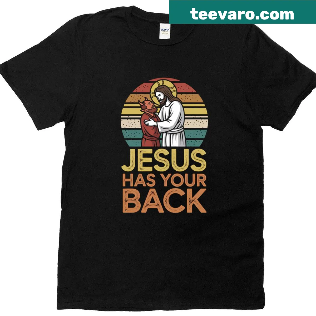 Retro Jiu Jitsu t-shirt with 'Jesus Has Your Back' text — on a men's t-shirt