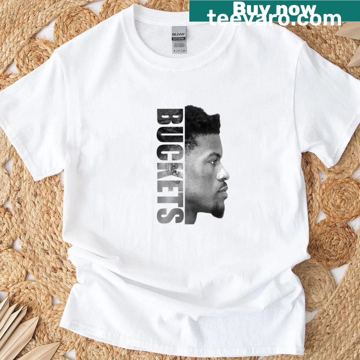 Black and white T-shirt featuring Jimmy Butler's name — on a men's t-shirt