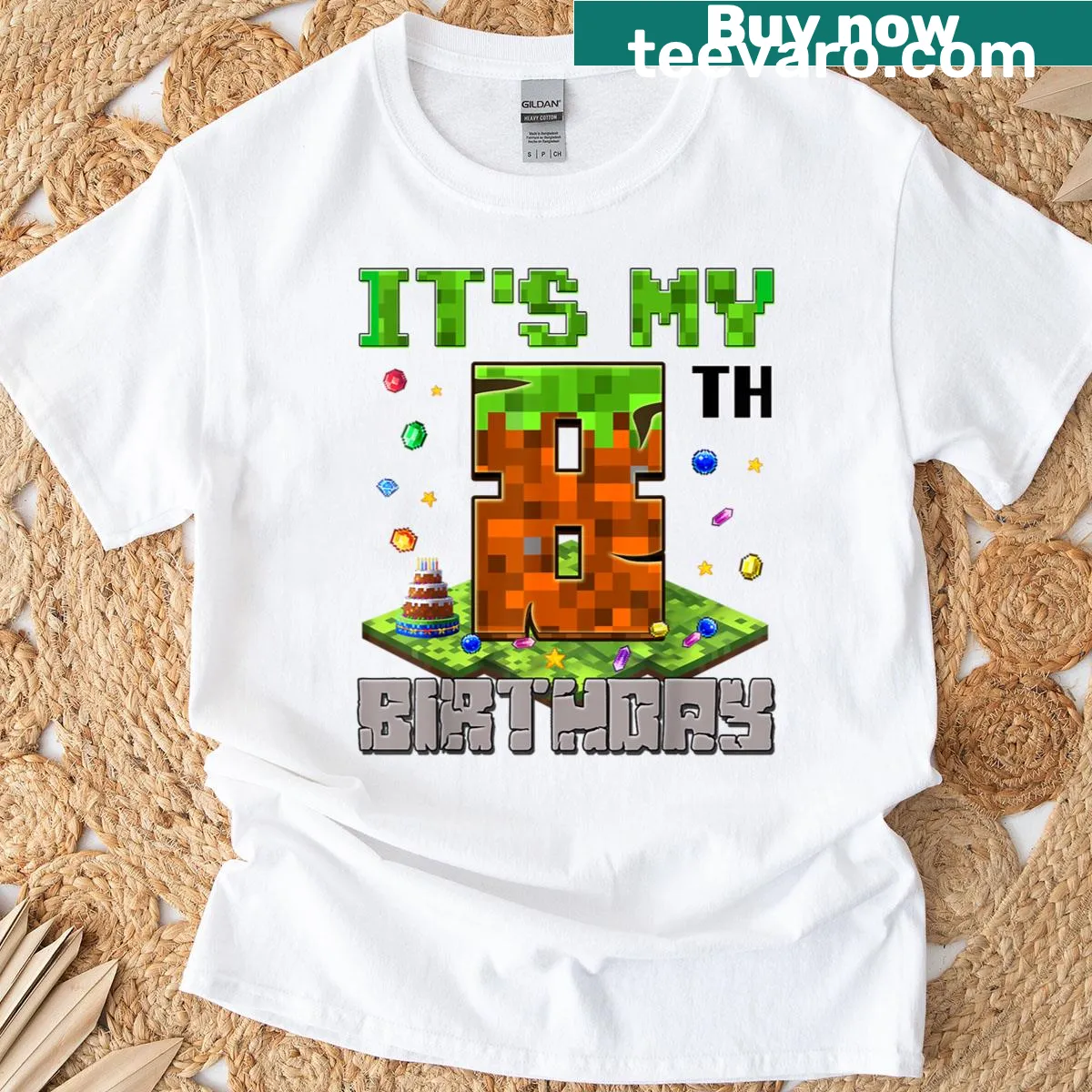 Birthday T-shirt for kids featuring pixelated design for turning eight. — on a men's t-shirt