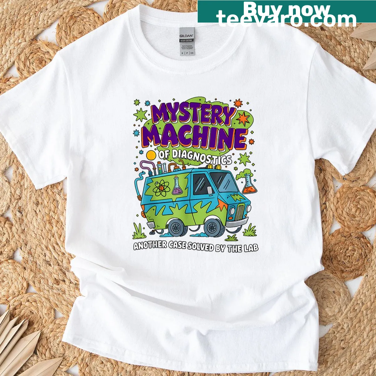 Mystery Machine graphic with phlebotomist theme on t-shirt — on a men's t-shirt