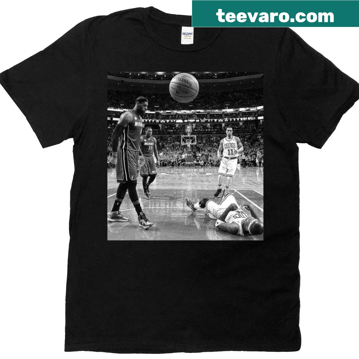 T-shirt featuring playful illustration of LeBron James dunking — on a men's t-shirt