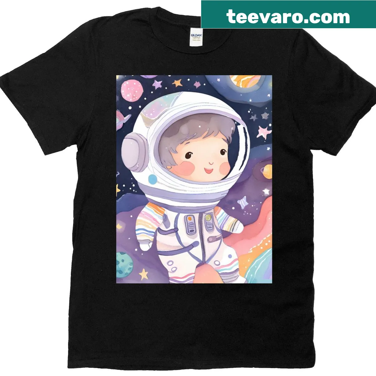 Whimsical graphic of a little astronaut in space on a t-shirt — on a men's t-shirt