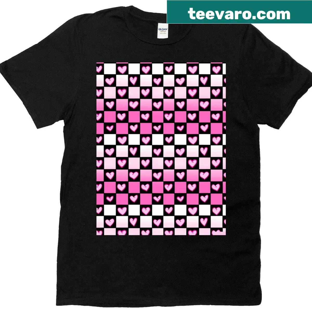 Cute checkerboard graphic T-shirt with whimsical illustrations — on a men's t-shirt