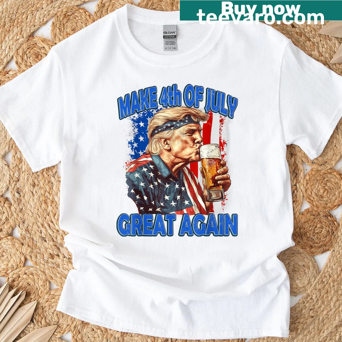 Funny July 4th T-shirt featuring Trump and beer-themed slogan — on a men's t-shirt