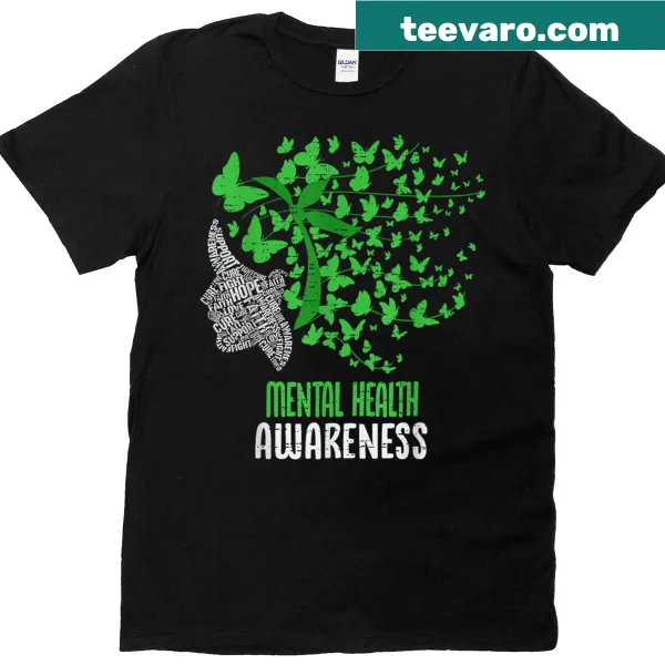 Butterfly and green ribbon design on Mental Health Matters T-shirt