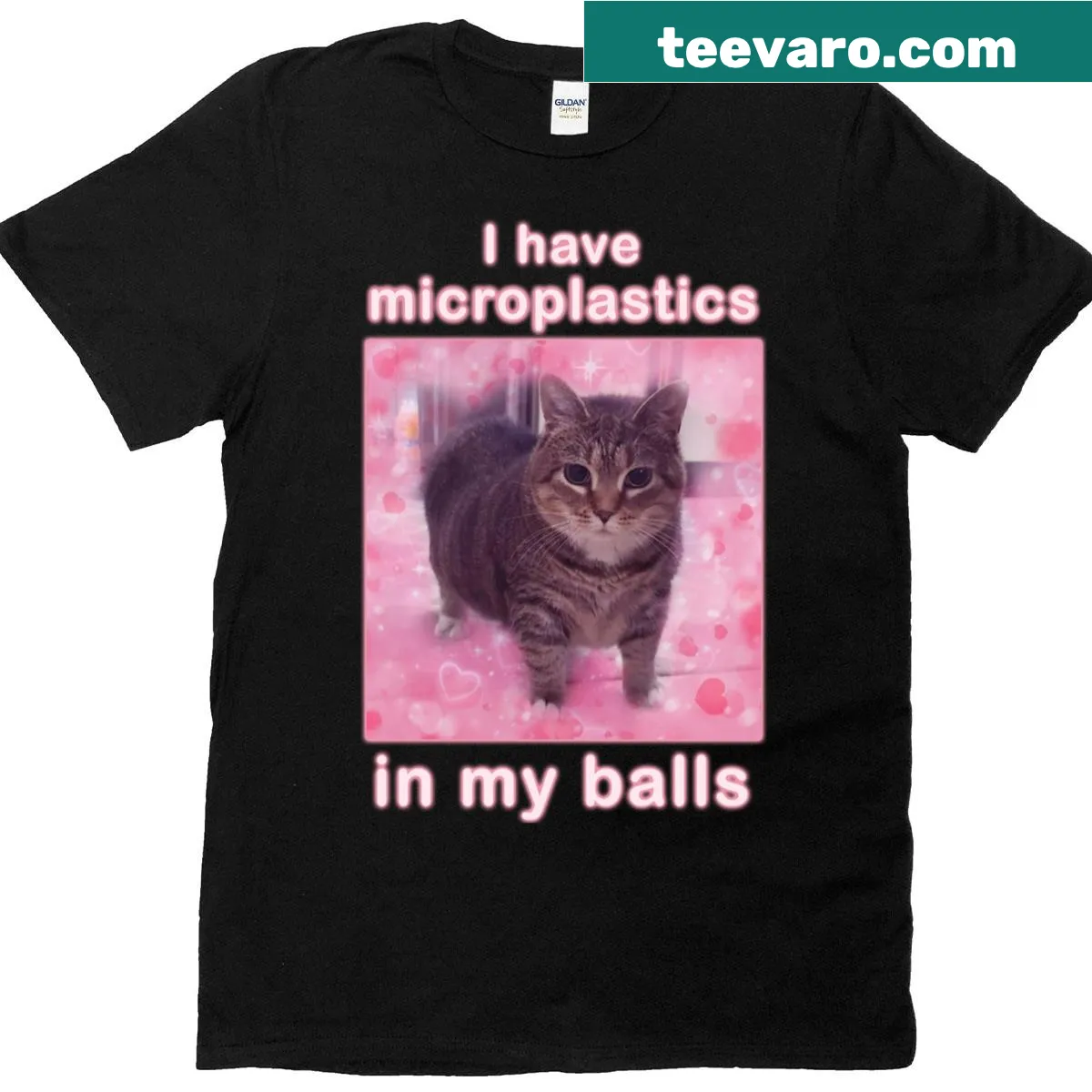 Funny T-shirt with cat meme about microplastics — on a men's t-shirt