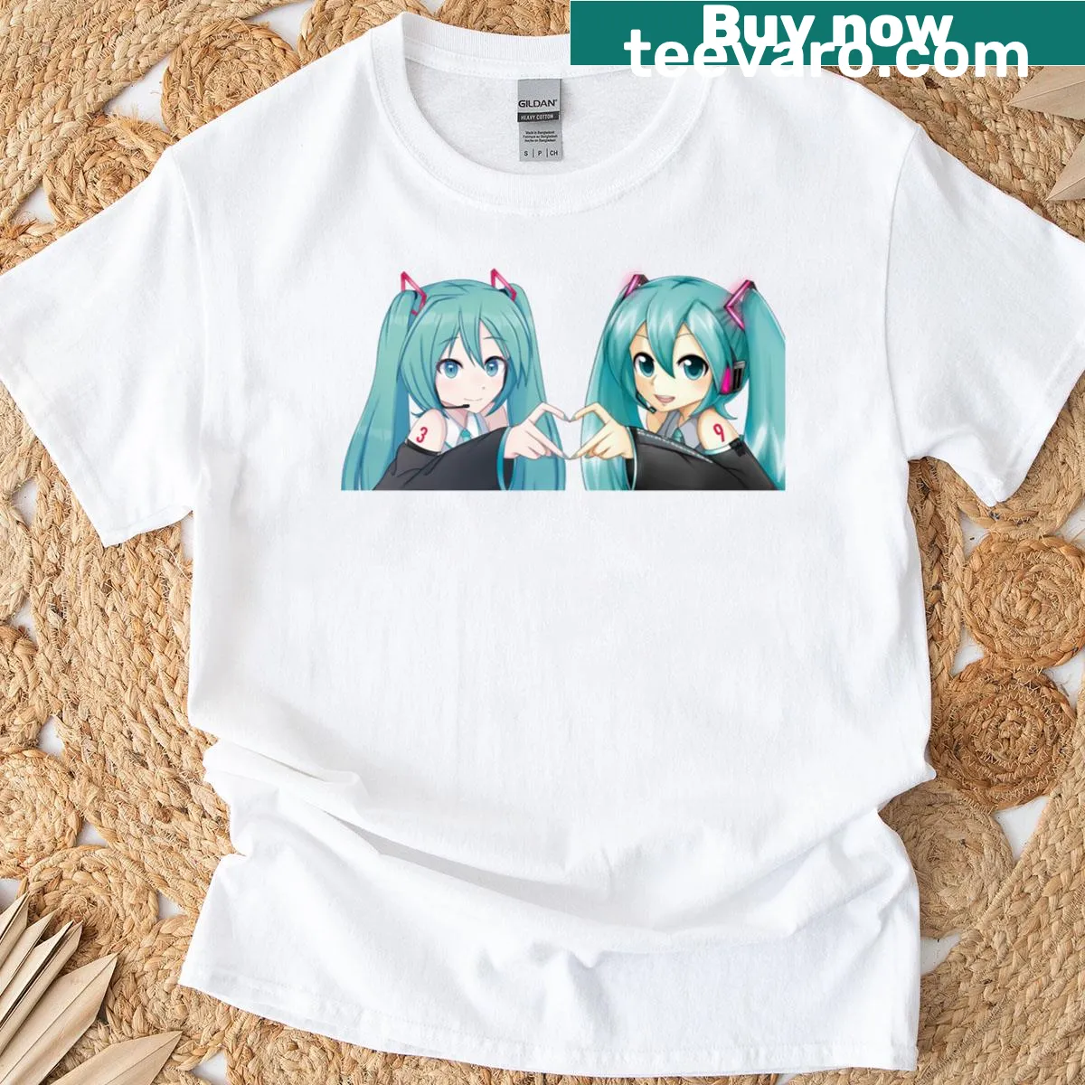 Long T-shirt featuring the iconic character Miku in various generations. — on a men's t-shirt