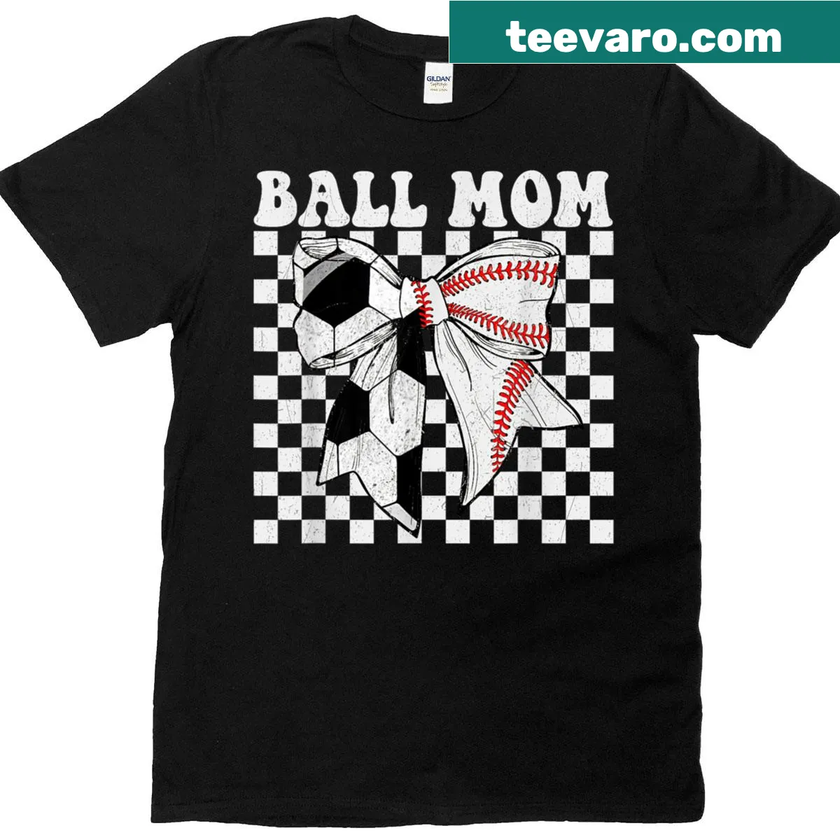 Illustrative t-shirt for moms featuring soccer and baseball themes — on a men's t-shirt