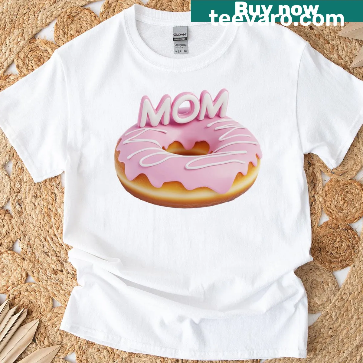 Mom donut t-shirt featuring the word 'Mom' in a glazed donut design — on a men's t-shirt