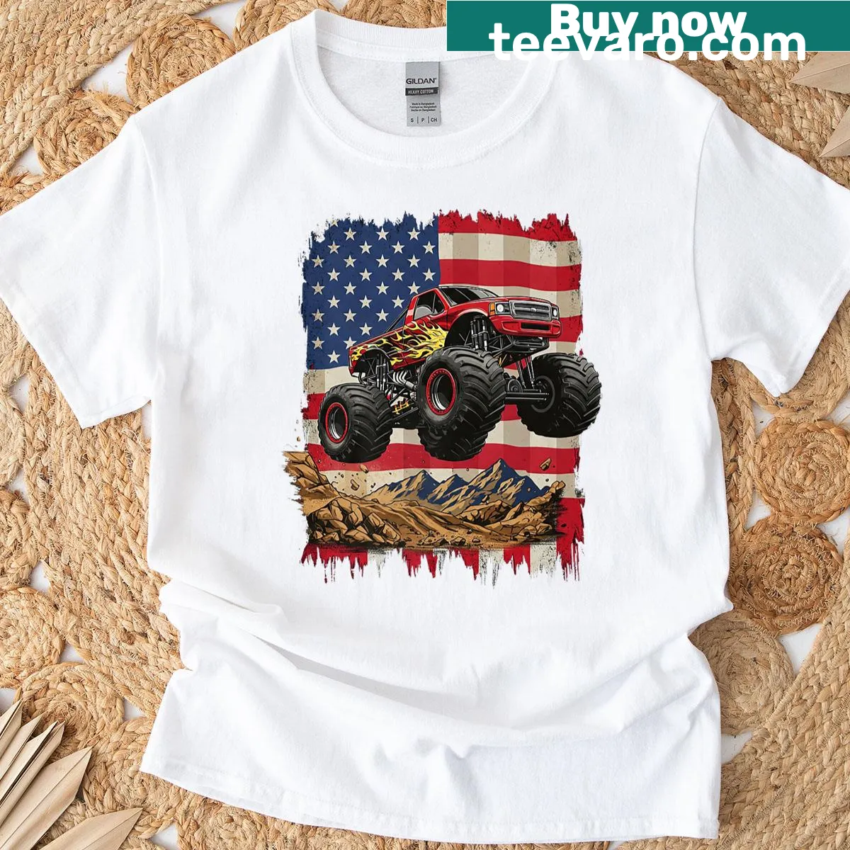 Monster truck with USA flag illustration for kids' t-shirt — on a men's t-shirt