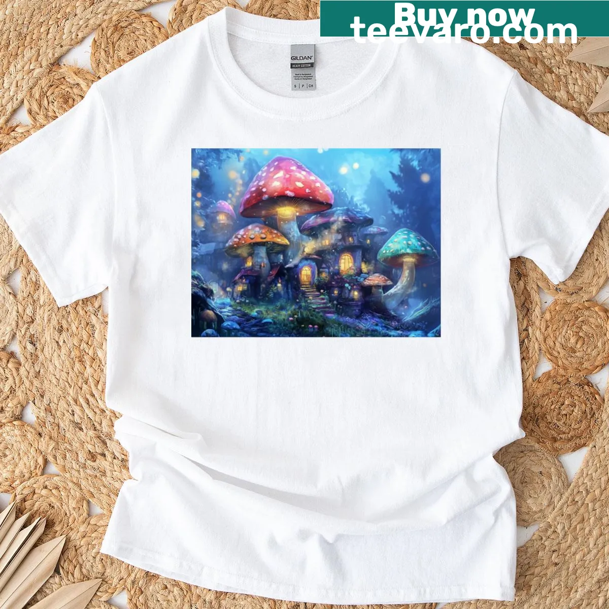 Whimsical graphic t-shirt featuring a magical mushroom landscape — on a men's t-shirt