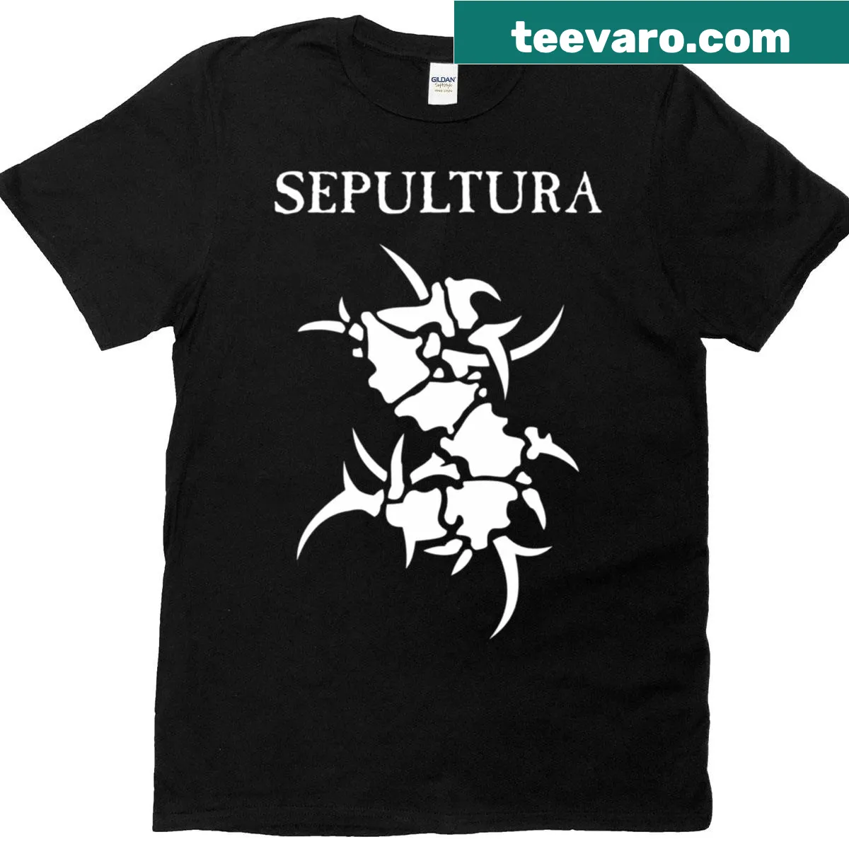 Bold typography design featuring Sepultura on a T-shirt. — on a men's t-shirt