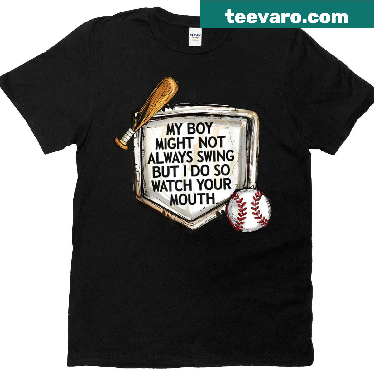Playful baseball mom t-shirt with supportive slogan — on a men's t-shirt