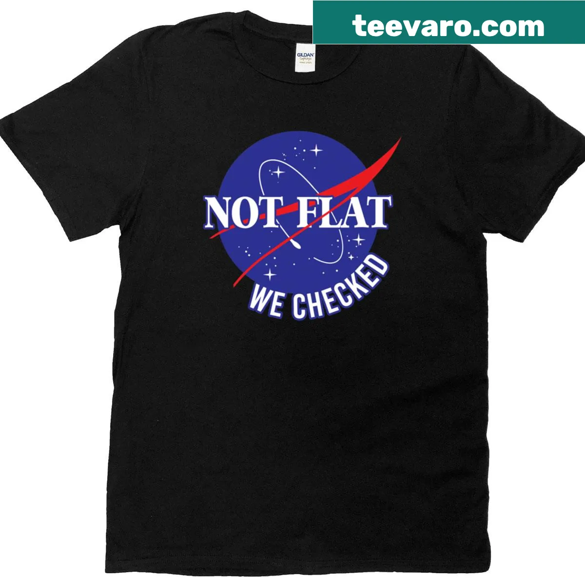 T-shirt with 'Not Flat, We Checked' text in a NASA style — on a men's t-shirt
