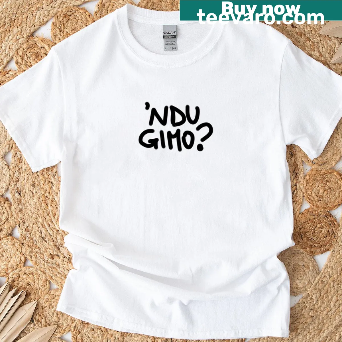 Abstract typographic design on Ndu Gimo T-shirt — on a men's t-shirt