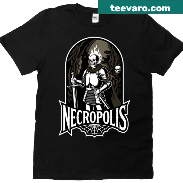 Necropolis themed t-shirt with haunting white ink illustration