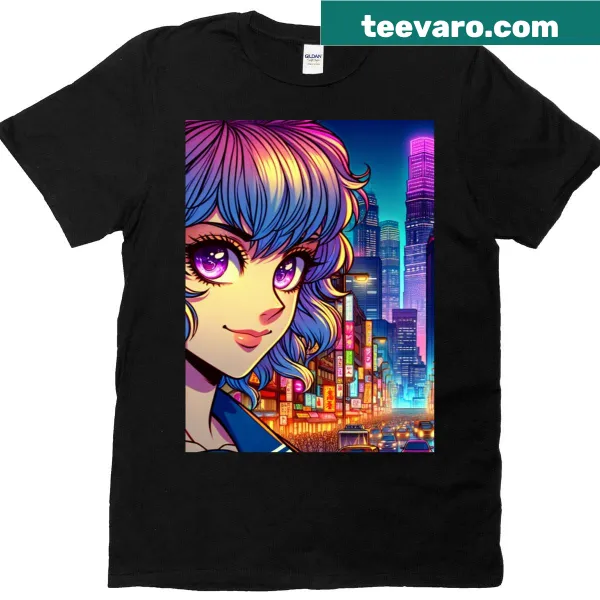 Graphic T-shirt featuring a vibrant neon dreamscape design