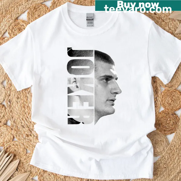 Minimalist silhouette of Nikola Jokic on a black and white T-shirt.