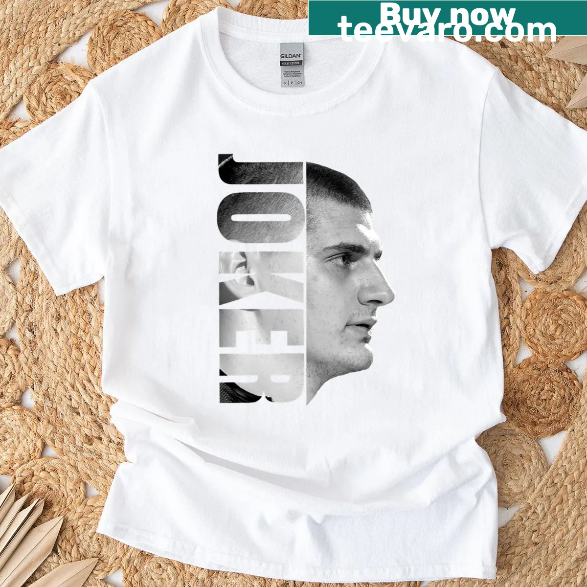 Minimalist silhouette of Nikola Jokic on a black and white T-shirt. — on a men's t-shirt