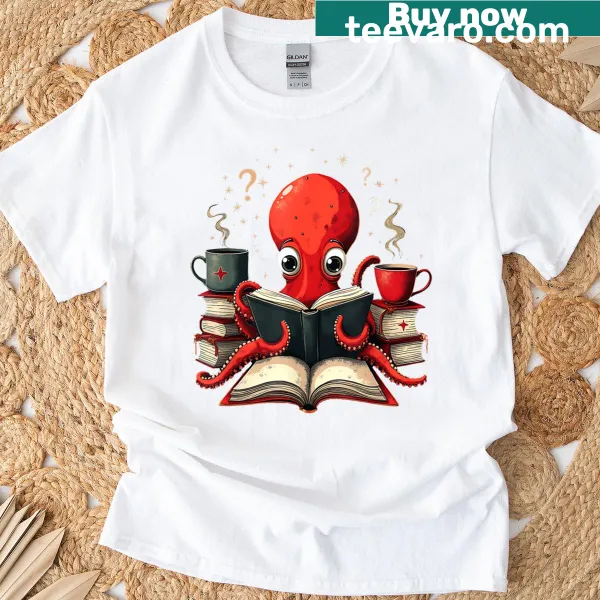 Cartoon octopus with a book and coffee on a T-shirt.