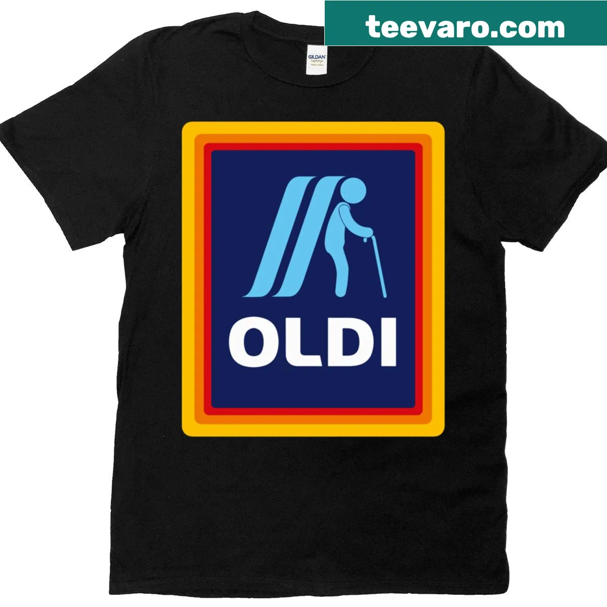 Funny Oldi Design logo on fitted t-shirt — on a men's t-shirt