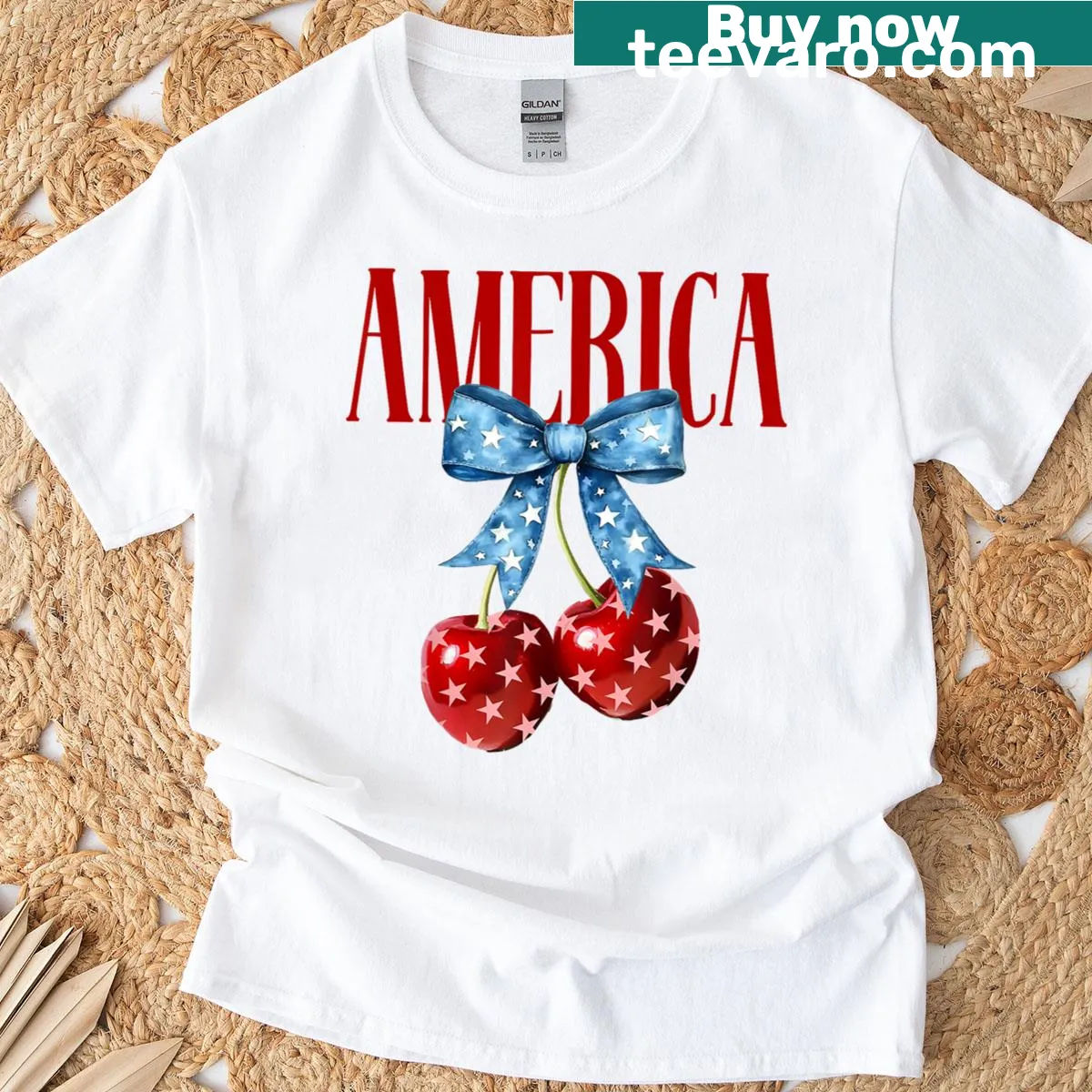 T-shirt featuring a cherry and bow design for July 4th — on a men's t-shirt