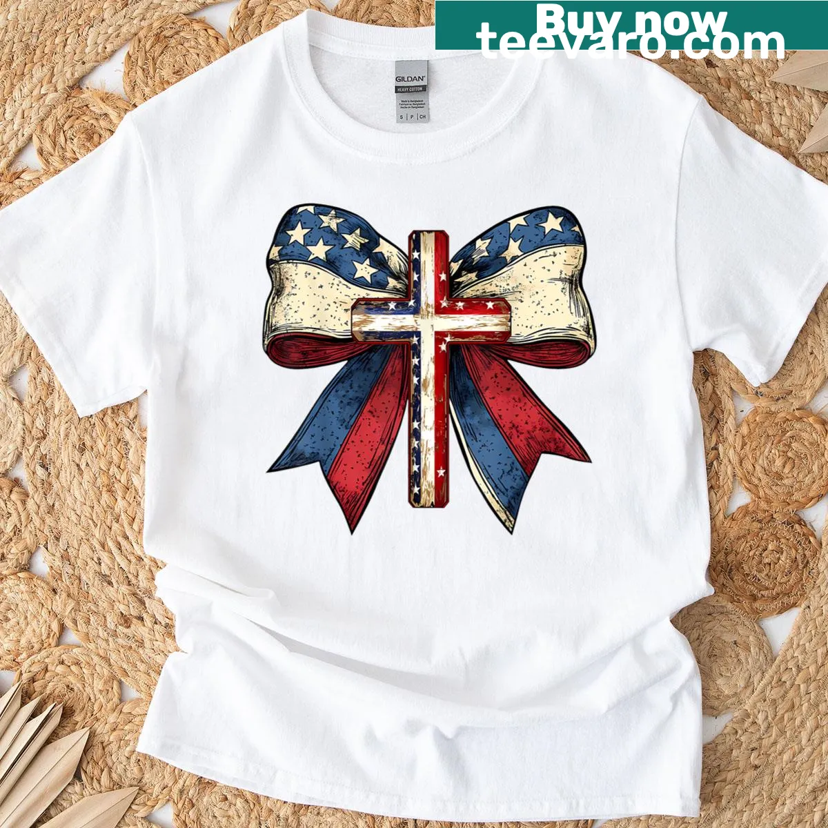 Christian cross and USA flag design with bow for July 4th — on a men's t-shirt