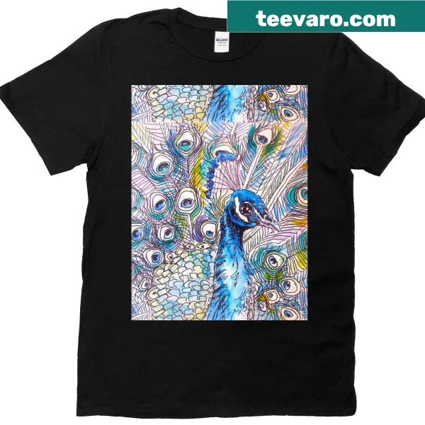 Watercolor peacock graphic t-shirt showcasing natural beauty