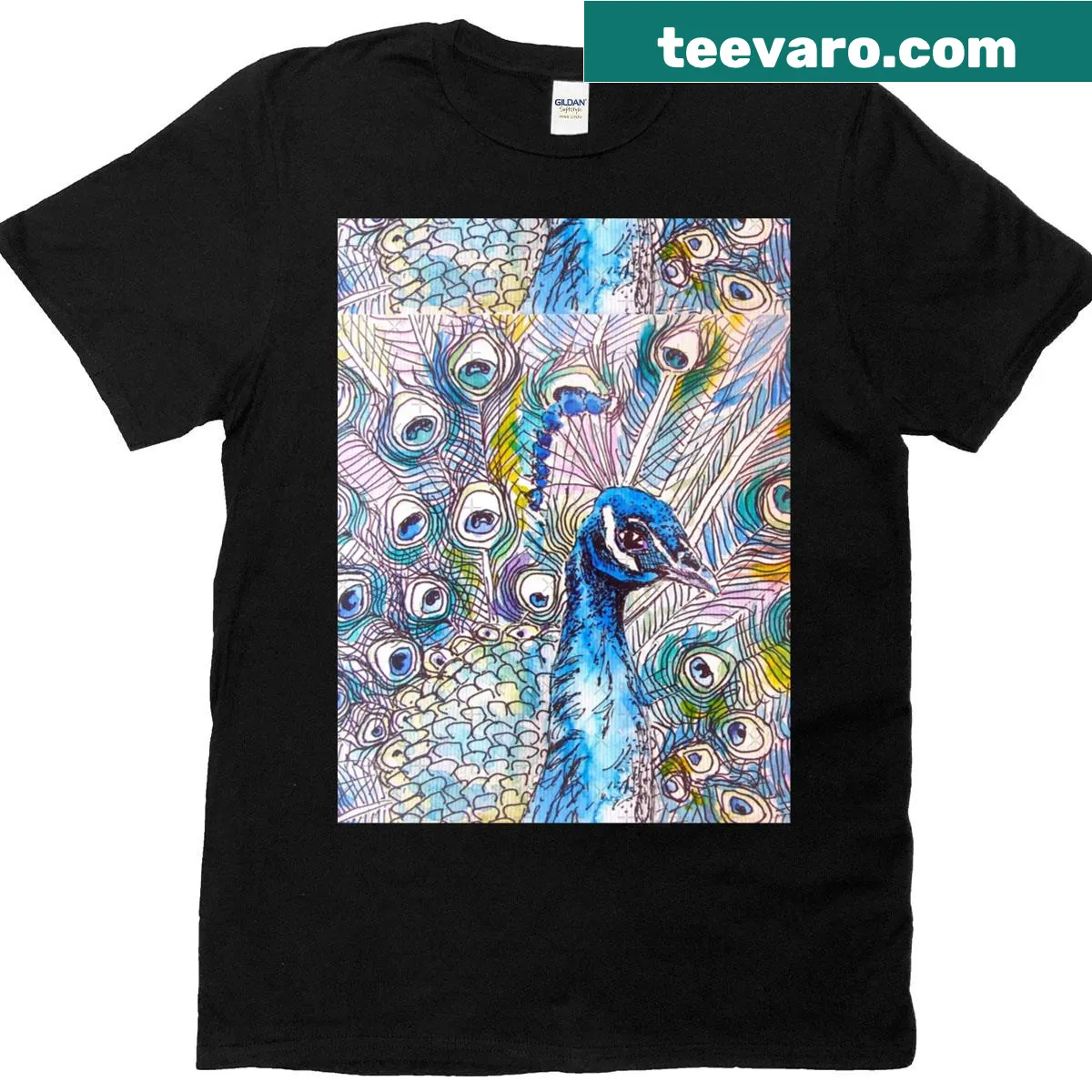 Watercolor peacock graphic t-shirt showcasing natural beauty — on a men's t-shirt