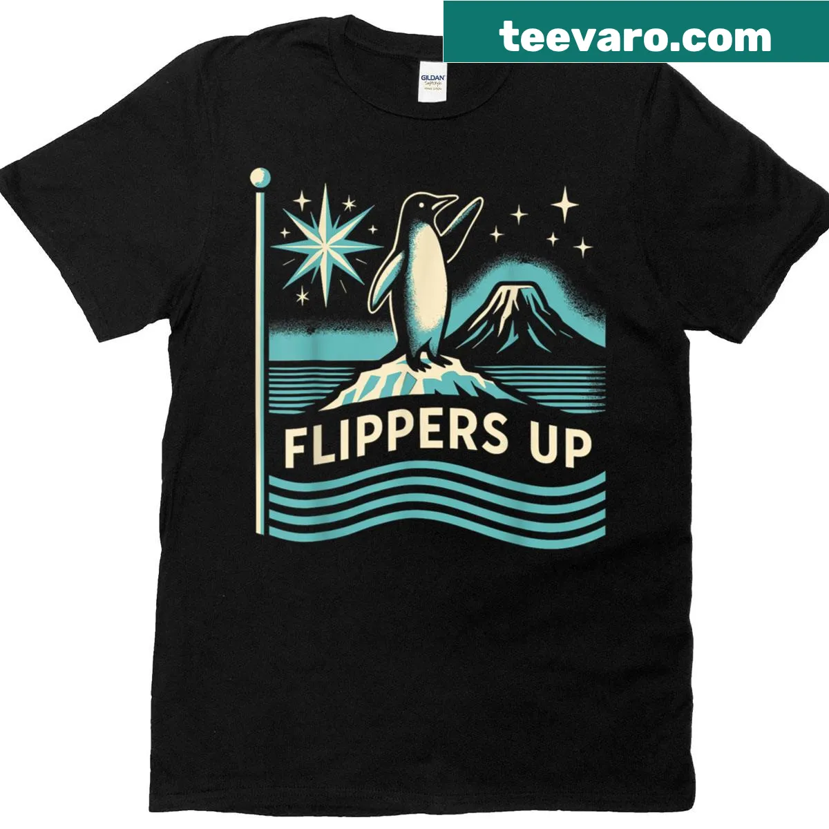 Playful penguin graphic with flippers up on t-shirt — on a men's t-shirt