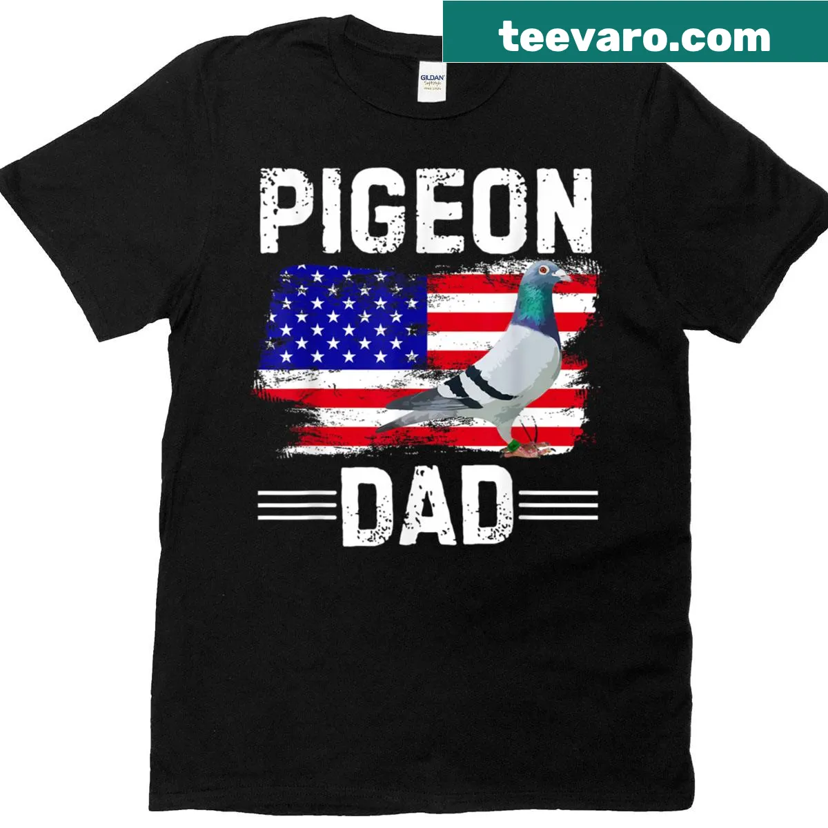Pigeon illustration against US flag on t-shirt — on a men's t-shirt