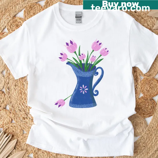 Illustration of pink tulips in a blue jug on a T-shirt