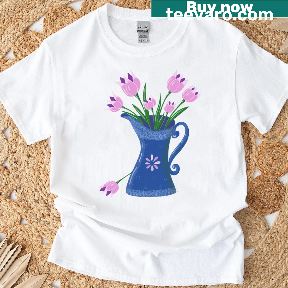 Illustration of pink tulips in a blue jug on a T-shirt — on a men's t-shirt