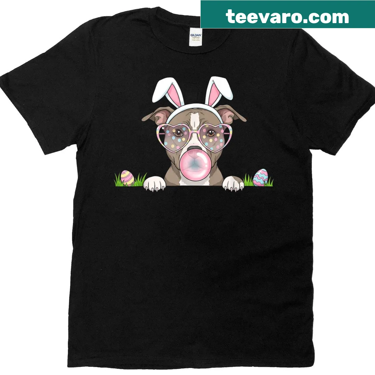 Cute pitbull bunny graphic for Easter on t-shirt — on a men's t-shirt