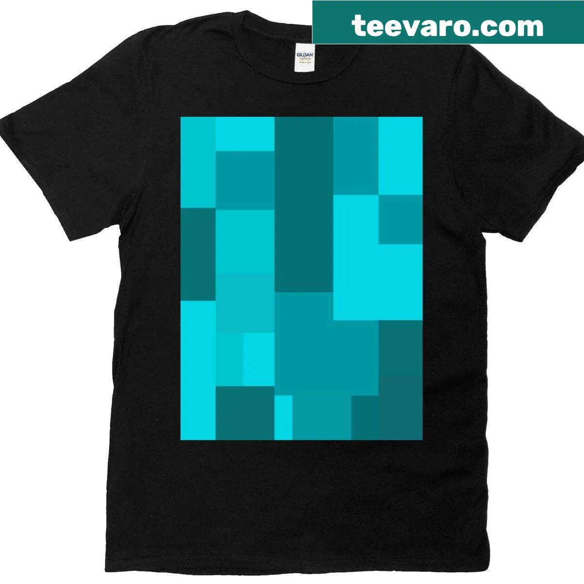 Teal block pattern graphic t-shirt in pixel art style — on a men's t-shirt