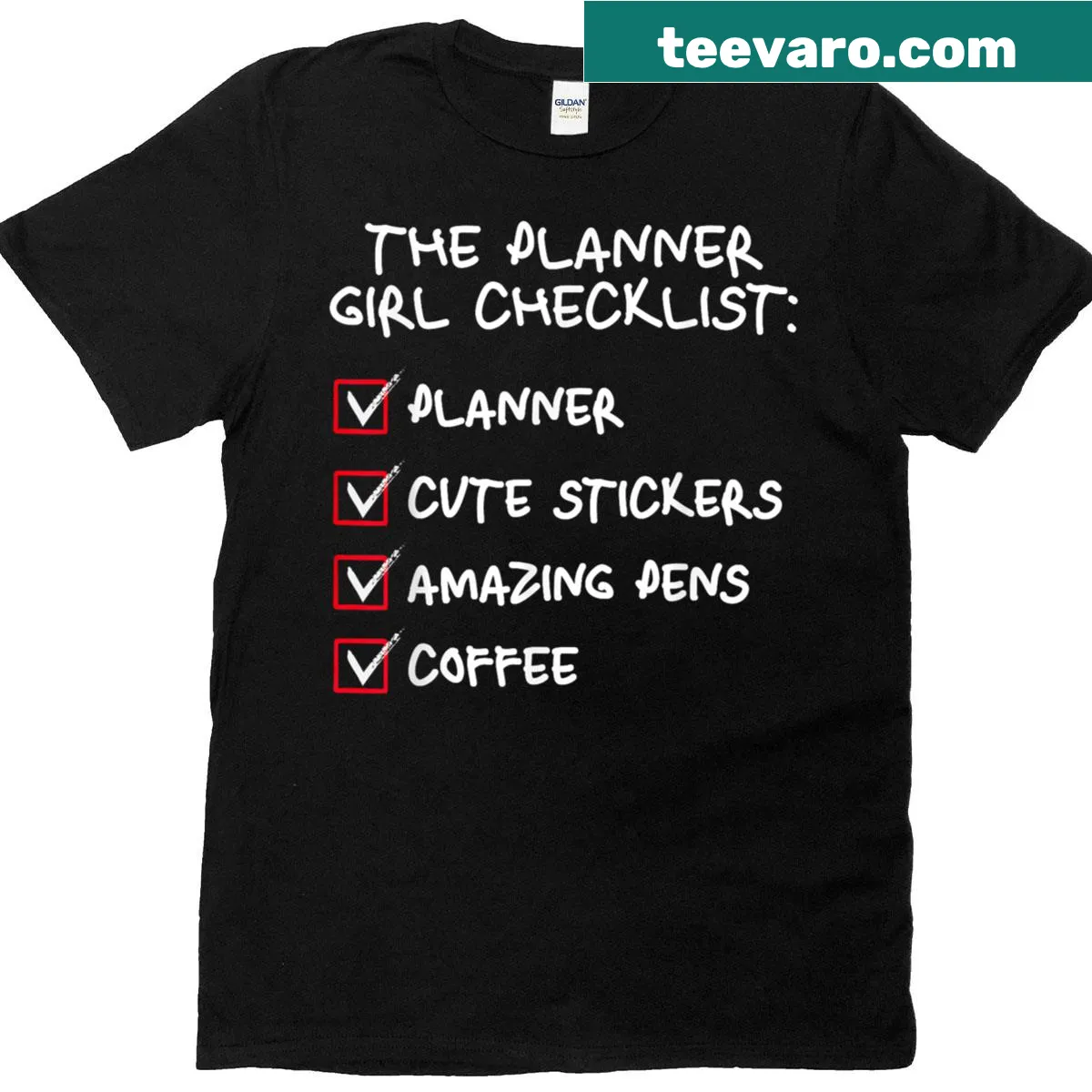 Checklist design with pens and coffee on t-shirt — on a men's t-shirt