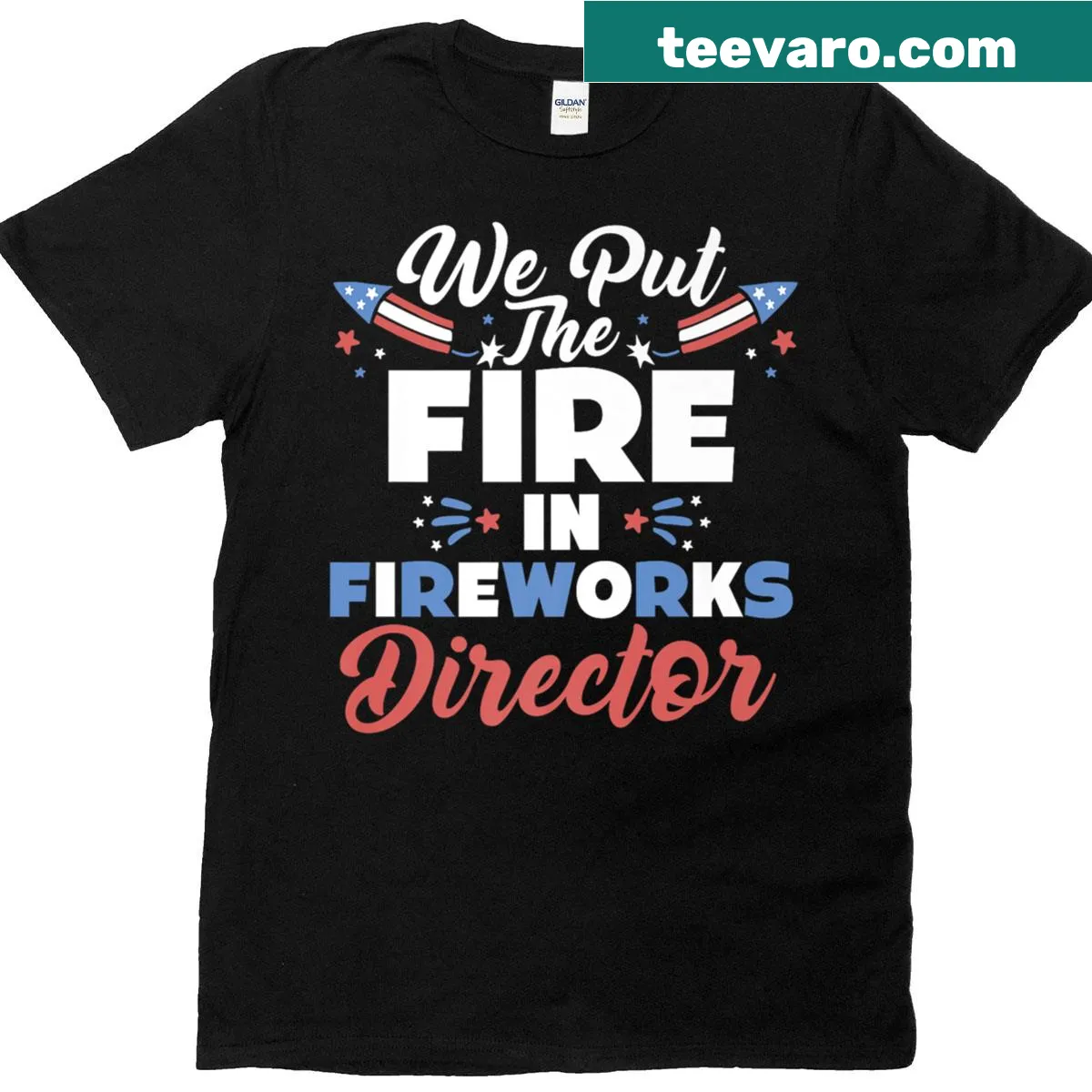 Fireworks Director t-shirt with patriotic design for 4th of July — on a men's t-shirt